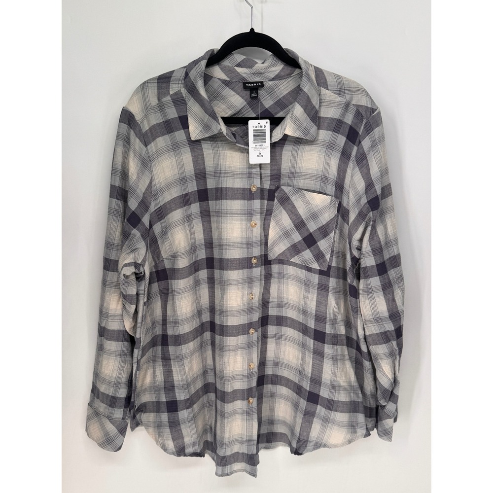 Torrid Button Up Women 2X Gray NWT Lizzie Crinkle Cotton Lonnie Plaid Birch